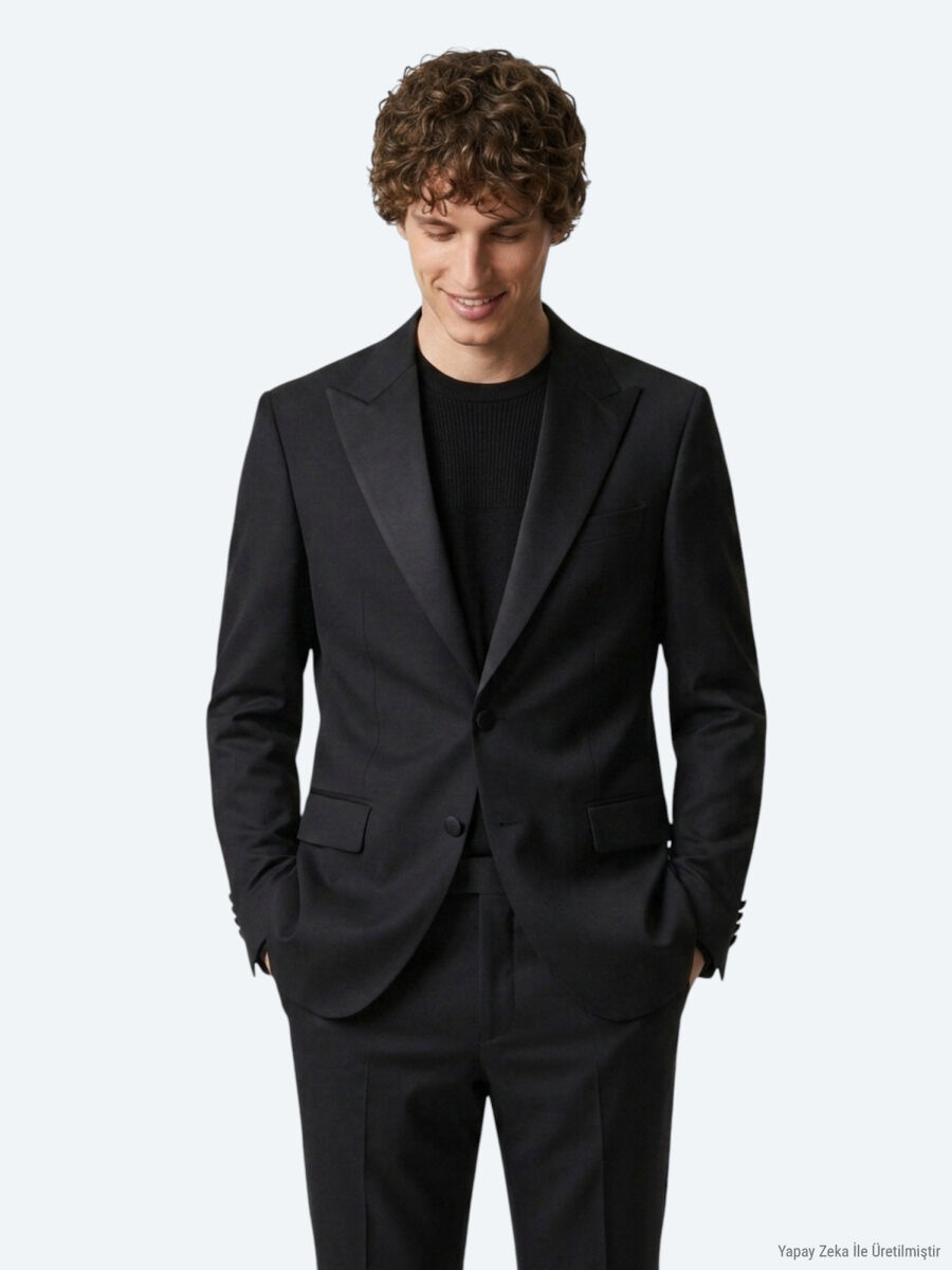 Siyah Düz Modern Fit Prinç Smokin Takım Elbise - 3