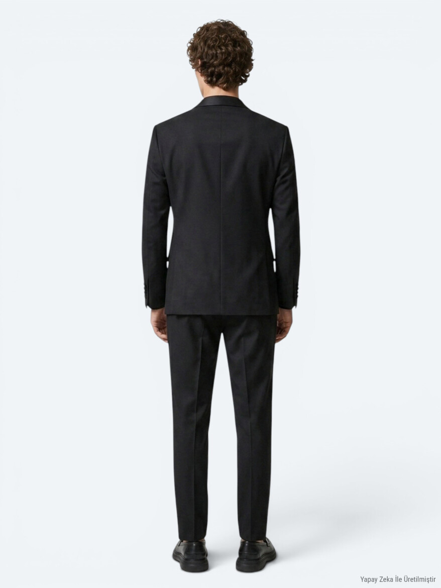 Siyah Düz Modern Fit Prinç Smokin Takım Elbise - 5