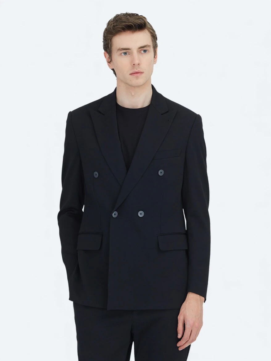 Siyah Düz Modern Fit Takım Elbise - 2