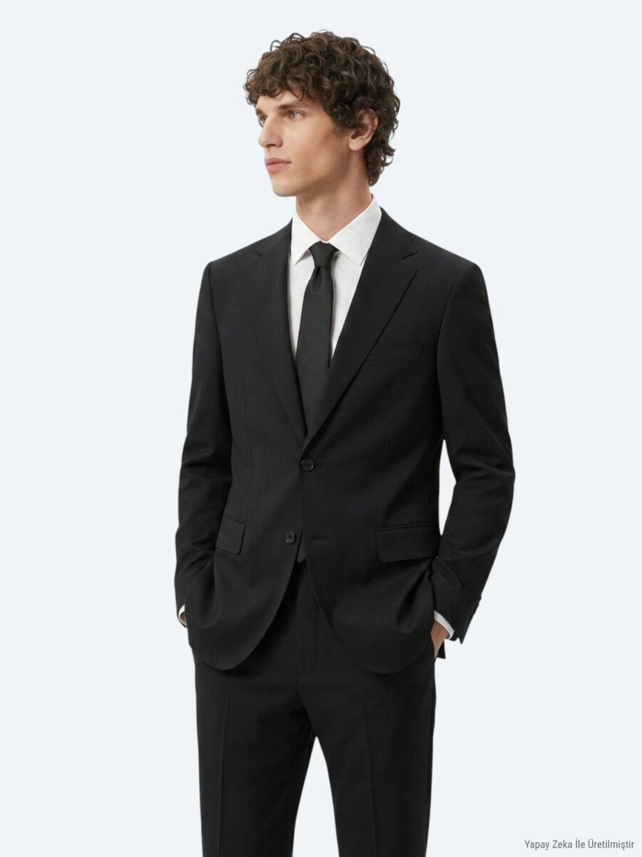 Siyah Düz Modern Fit Takım Elbise - 3