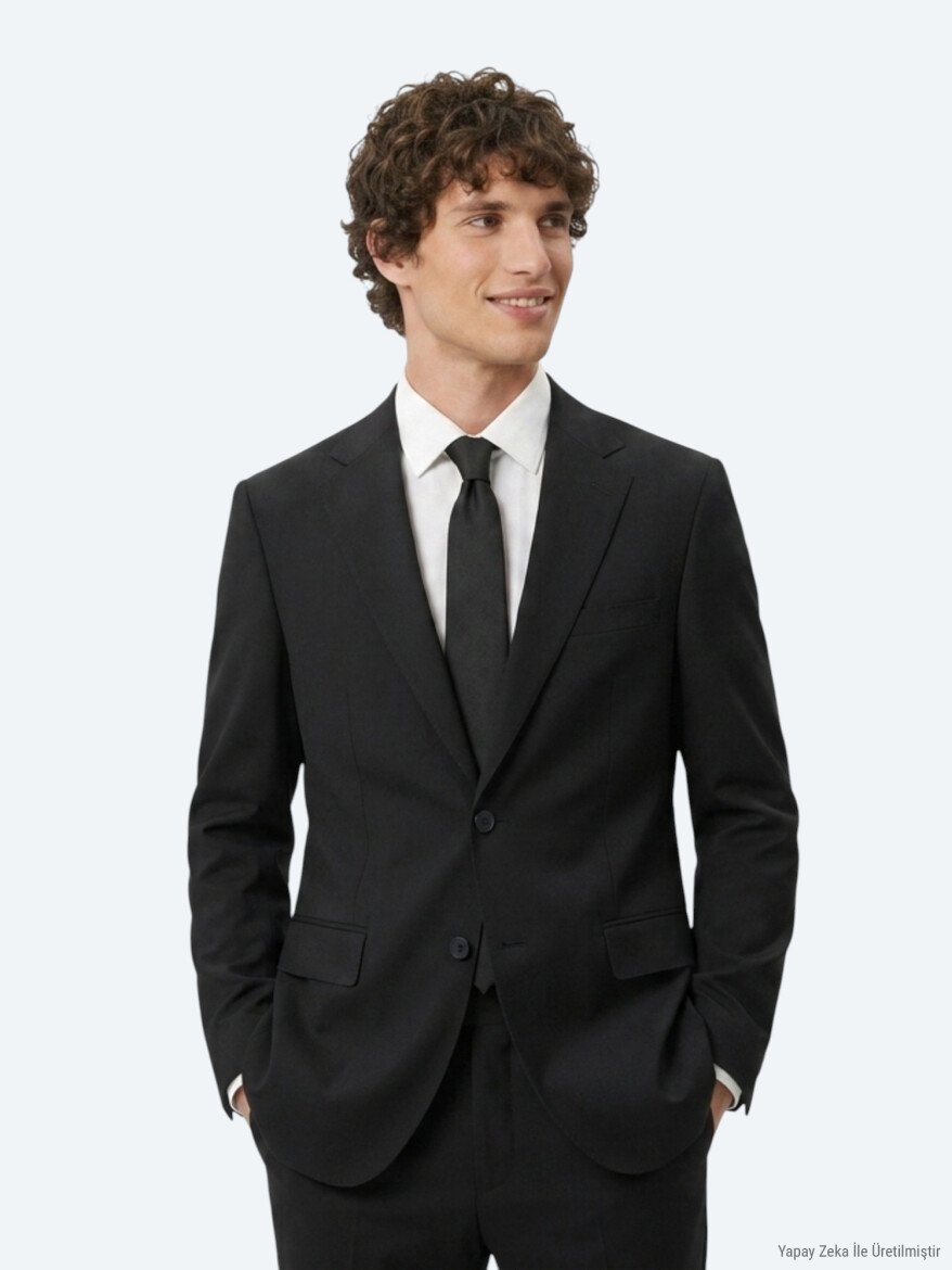 Siyah Düz Modern Fit Takım Elbise - 4
