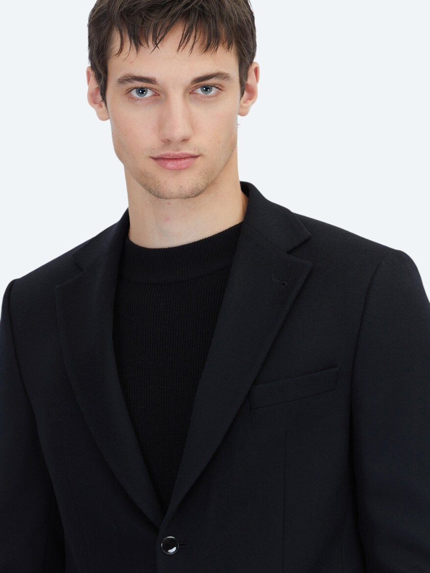 Siyah Düz Modern Fit Yün Karışımlı Ceket - 3