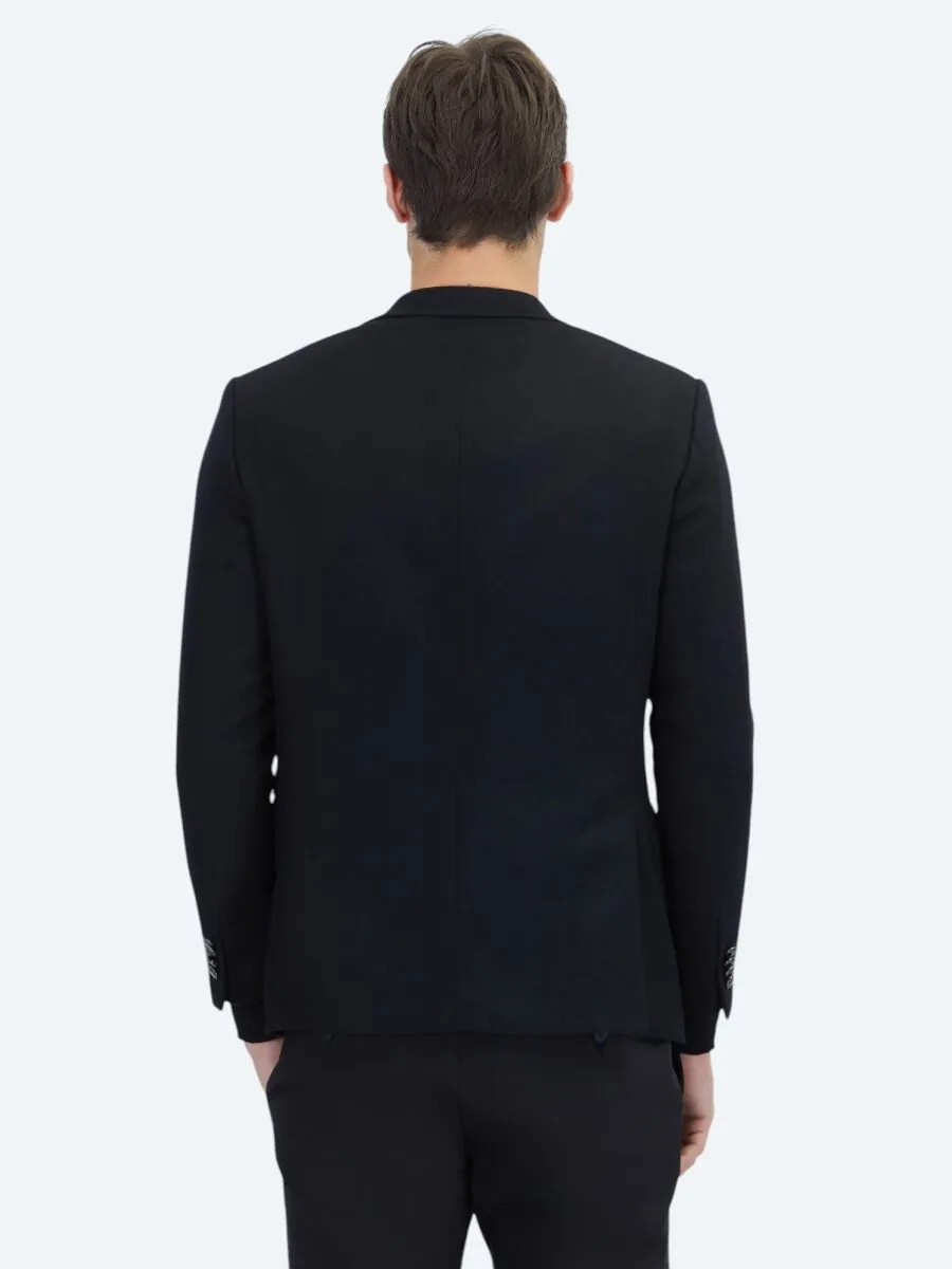Siyah Düz Modern Fit Yün Karışımlı Ceket - 6