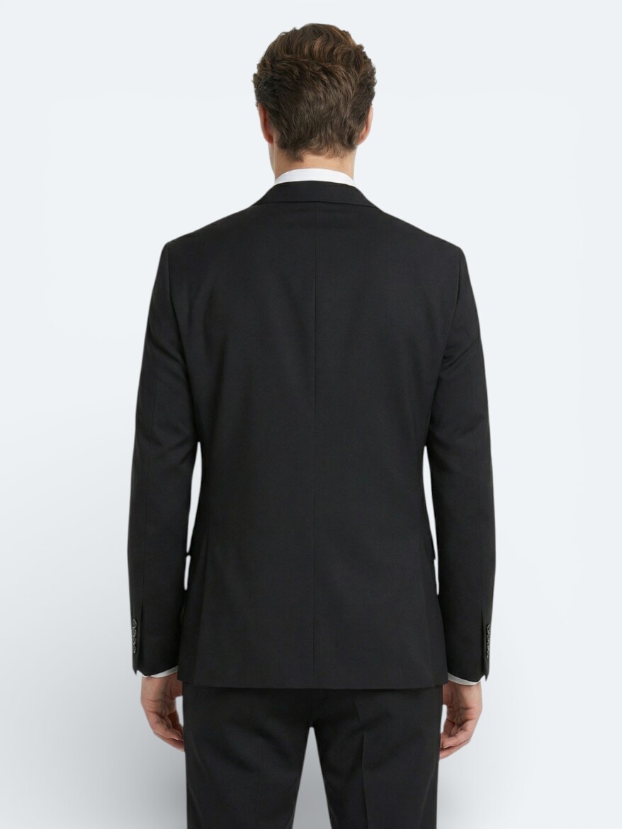 Siyah Düz Modern Fit Yün Karışımlı Takım Elbise - 4