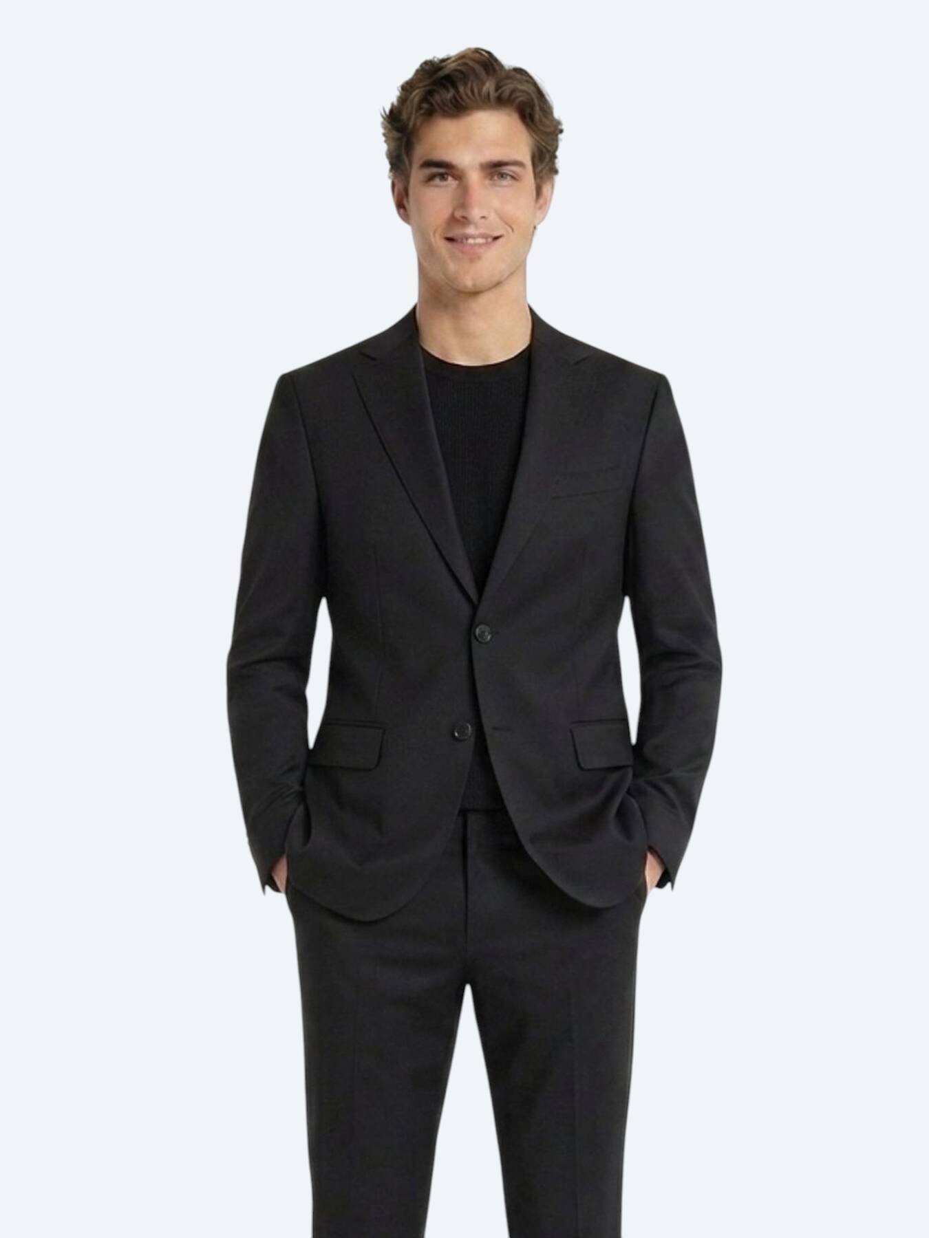Siyah Düz Modern Fit Yün Karışımlı Takım Elbise