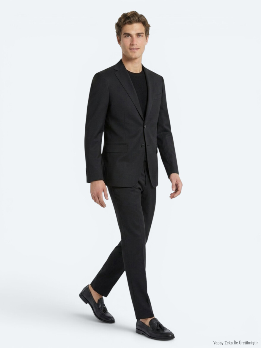 Siyah Düz Modern Fit Yün Karışımlı Takım Elbise - 2