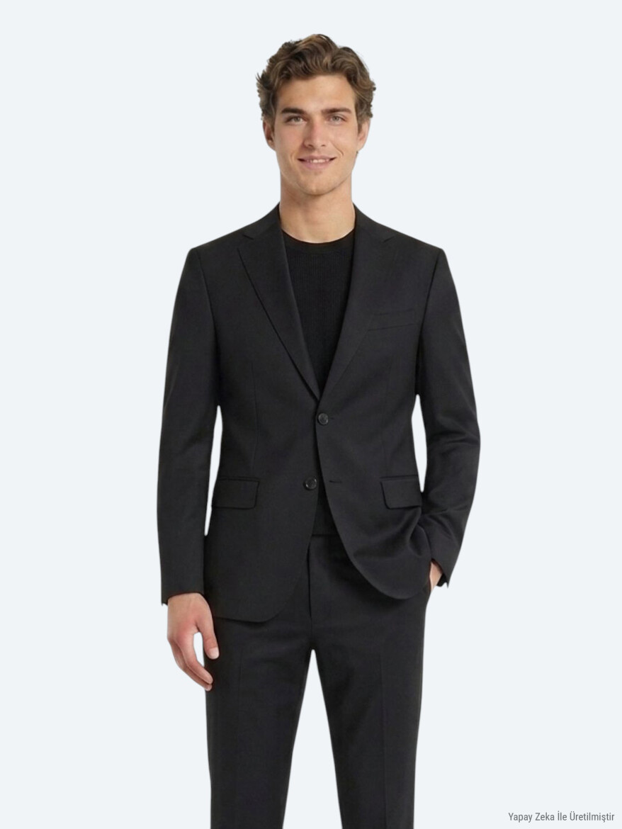 Siyah Düz Modern Fit Yün Karışımlı Takım Elbise - 3
