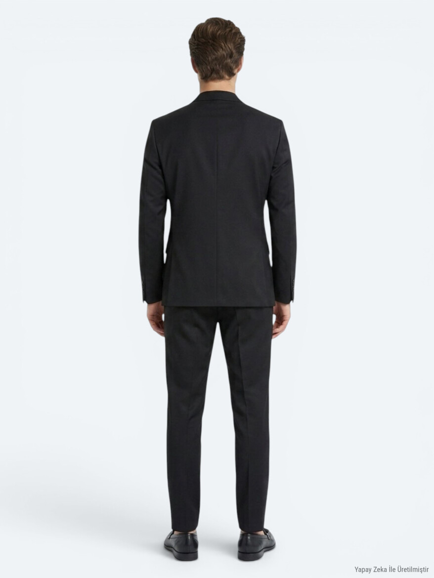 Siyah Düz Modern Fit Yün Karışımlı Takım Elbise - 4