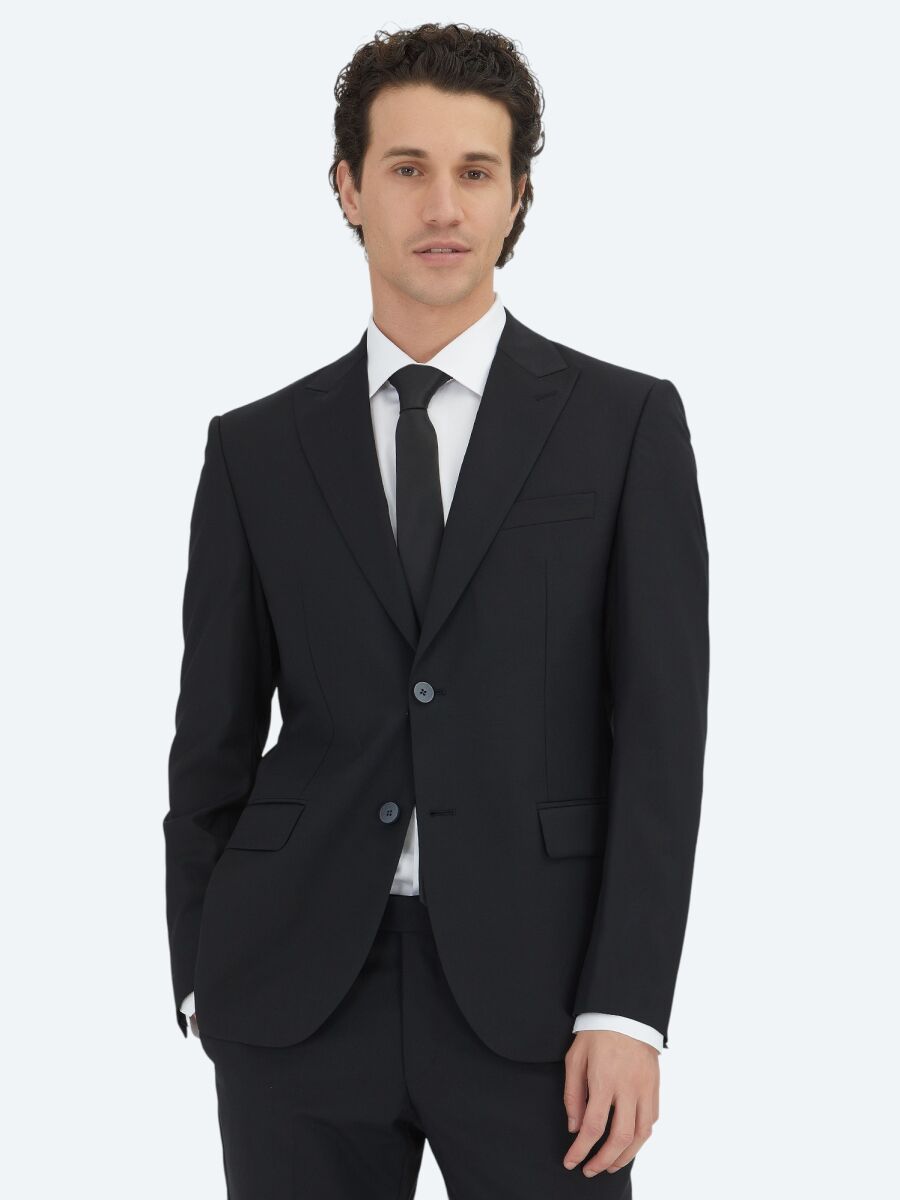 Siyah Düz Modern Fit Yün Karışımlı Takım Elbise - 2