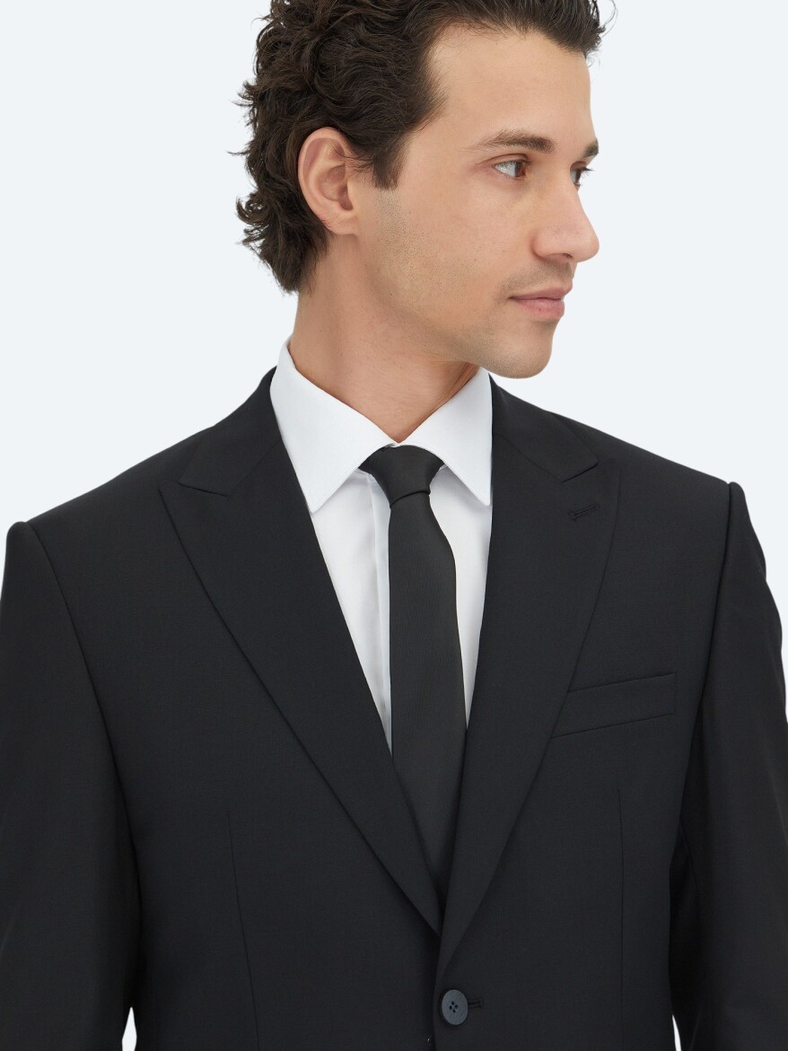 Siyah Düz Modern Fit Yün Karışımlı Takım Elbise - 3