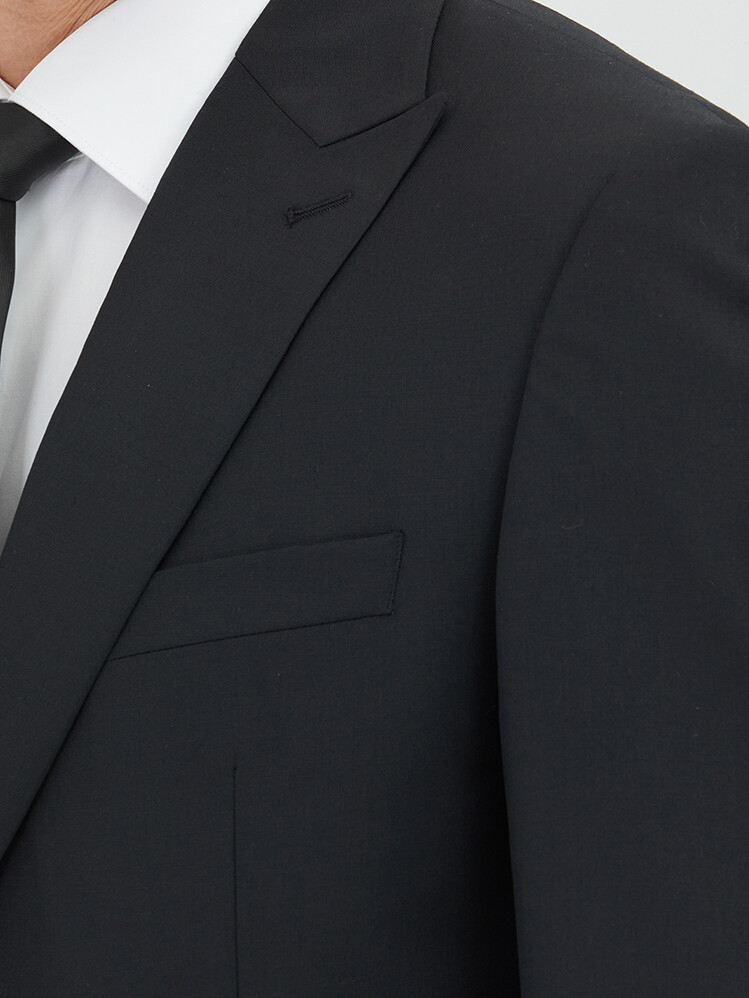Siyah Düz Modern Fit Yün Karışımlı Takım Elbise - 4