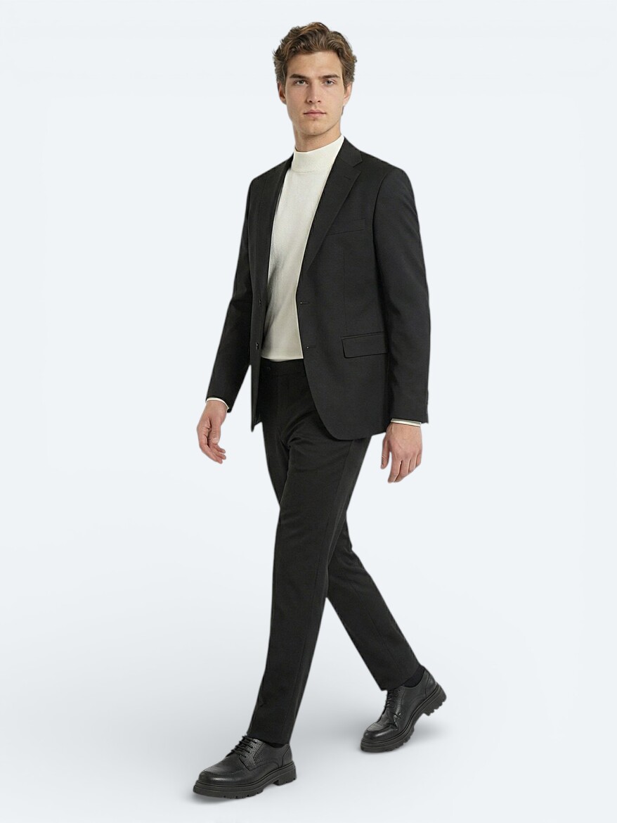 Siyah Düz Modern Fit Yün Karışımlı Takım Elbise - 2