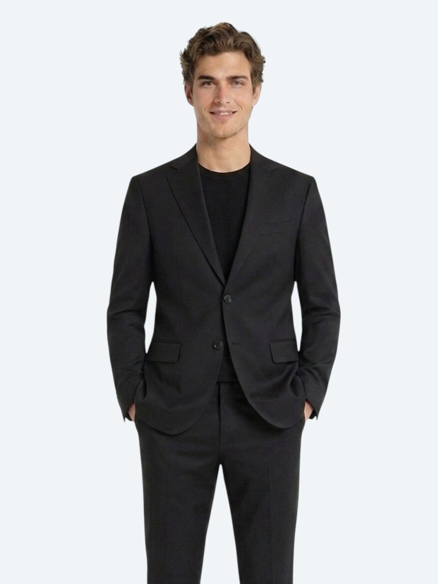 Siyah Düz Modern Fit Yün Karışımlı Takım Elbise 
