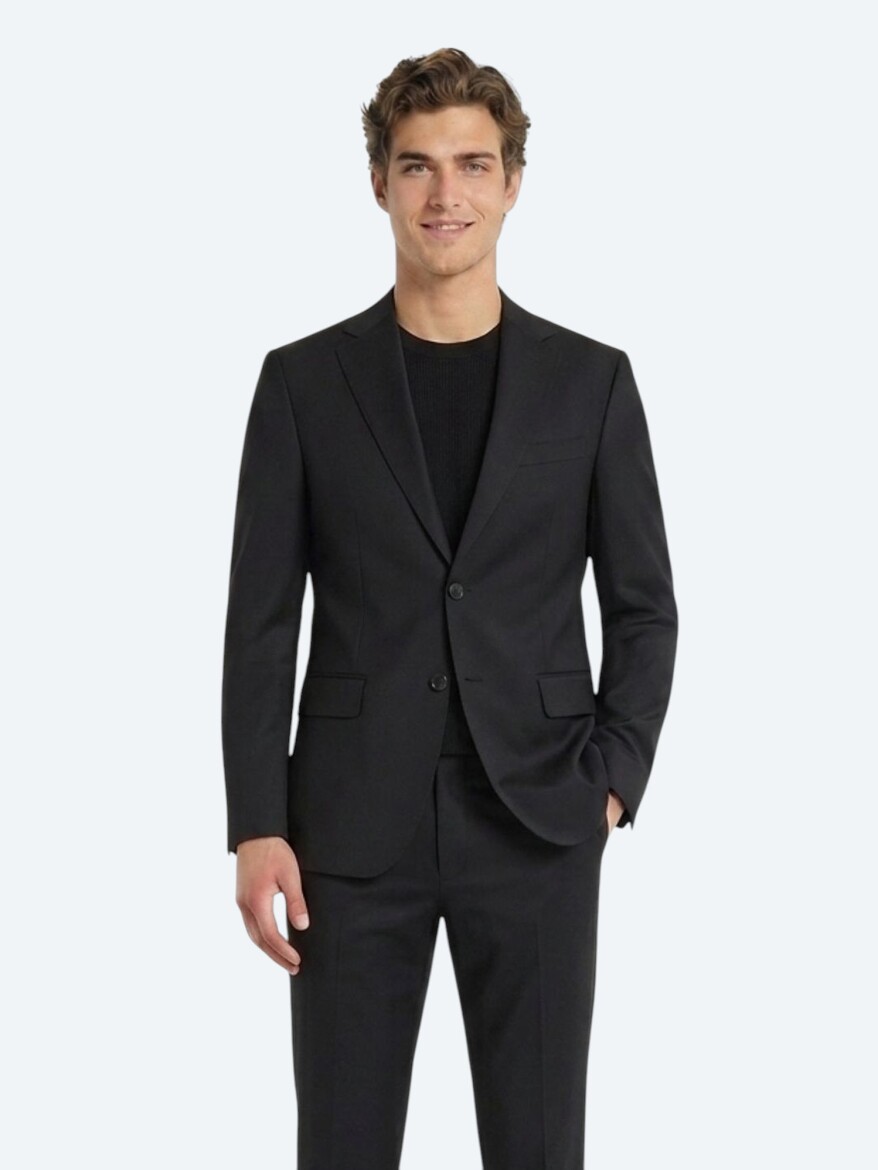 Siyah Düz Modern Fit Yün Karışımlı Takım Elbise - 3
