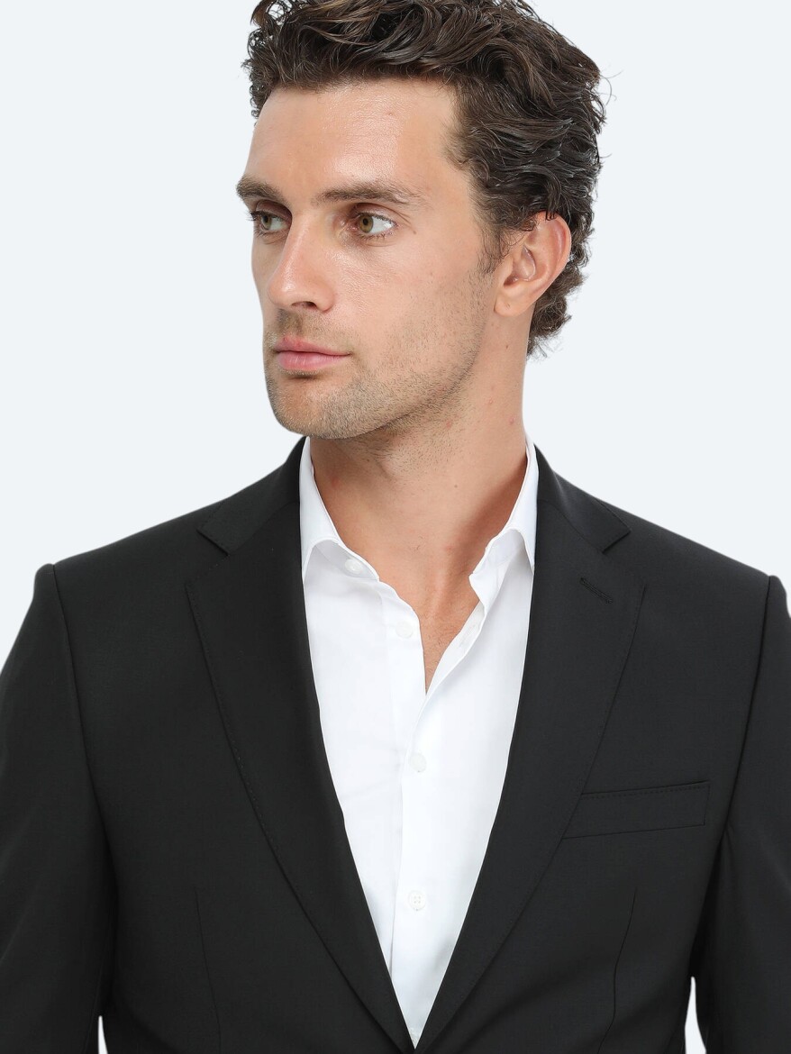 Siyah Düz Modern Fit Yün Karışımlı Takım Elbise - 4