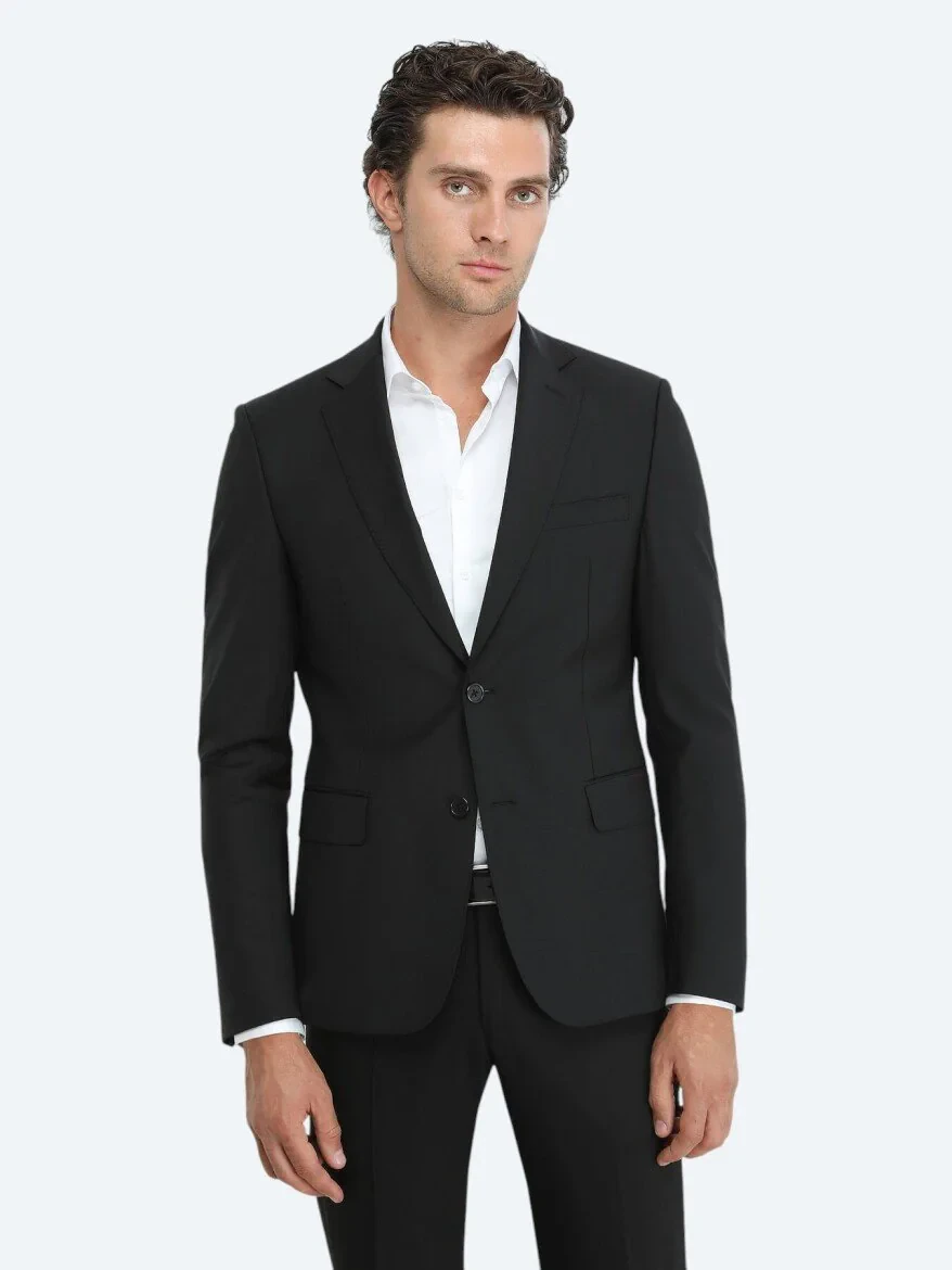 Siyah Düz Modern Fit Yün Karışımlı Takım Elbise - 2