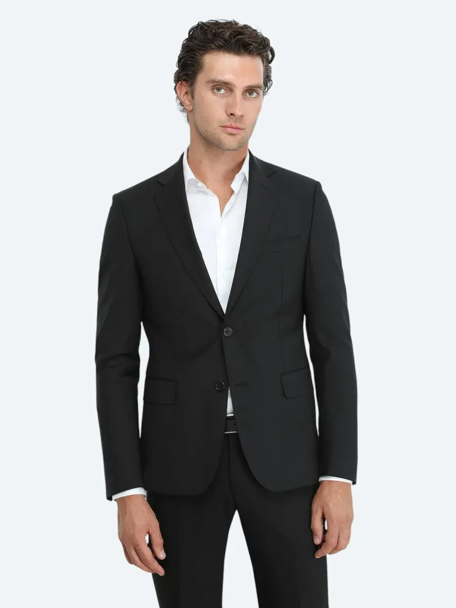 Siyah Düz Modern Fit Yün Karışımlı Takım Elbise - 2