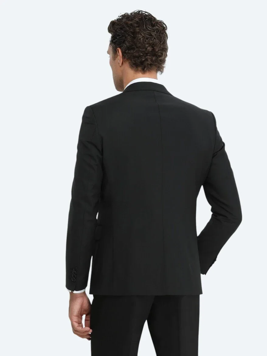 Siyah Düz Modern Fit Yün Karışımlı Takım Elbise - 3