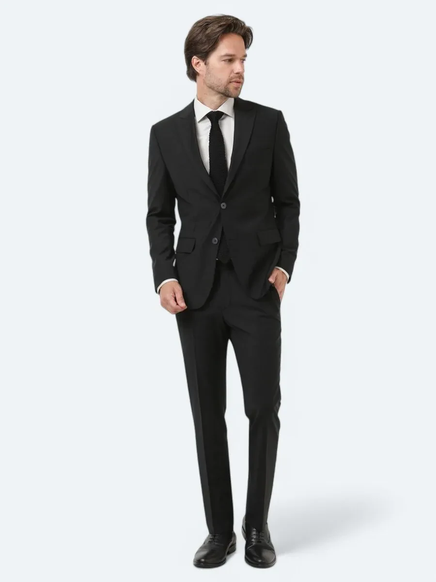 Siyah Düz Modern Fit Yün Karışımlı Takım Elbise - 1