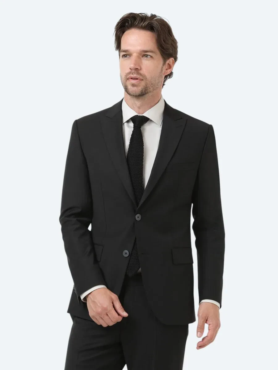 Siyah Düz Modern Fit Yün Karışımlı Takım Elbise - 2