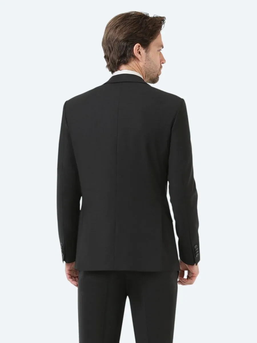 Siyah Düz Modern Fit Yün Karışımlı Takım Elbise - 4