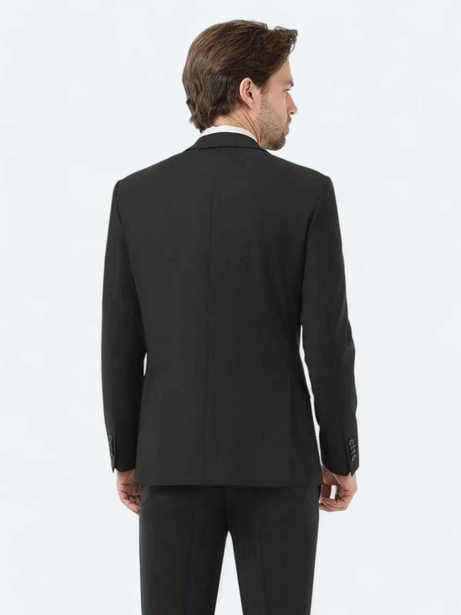 Siyah Düz Modern Fit Yün Karışımlı Takım Elbise - 4