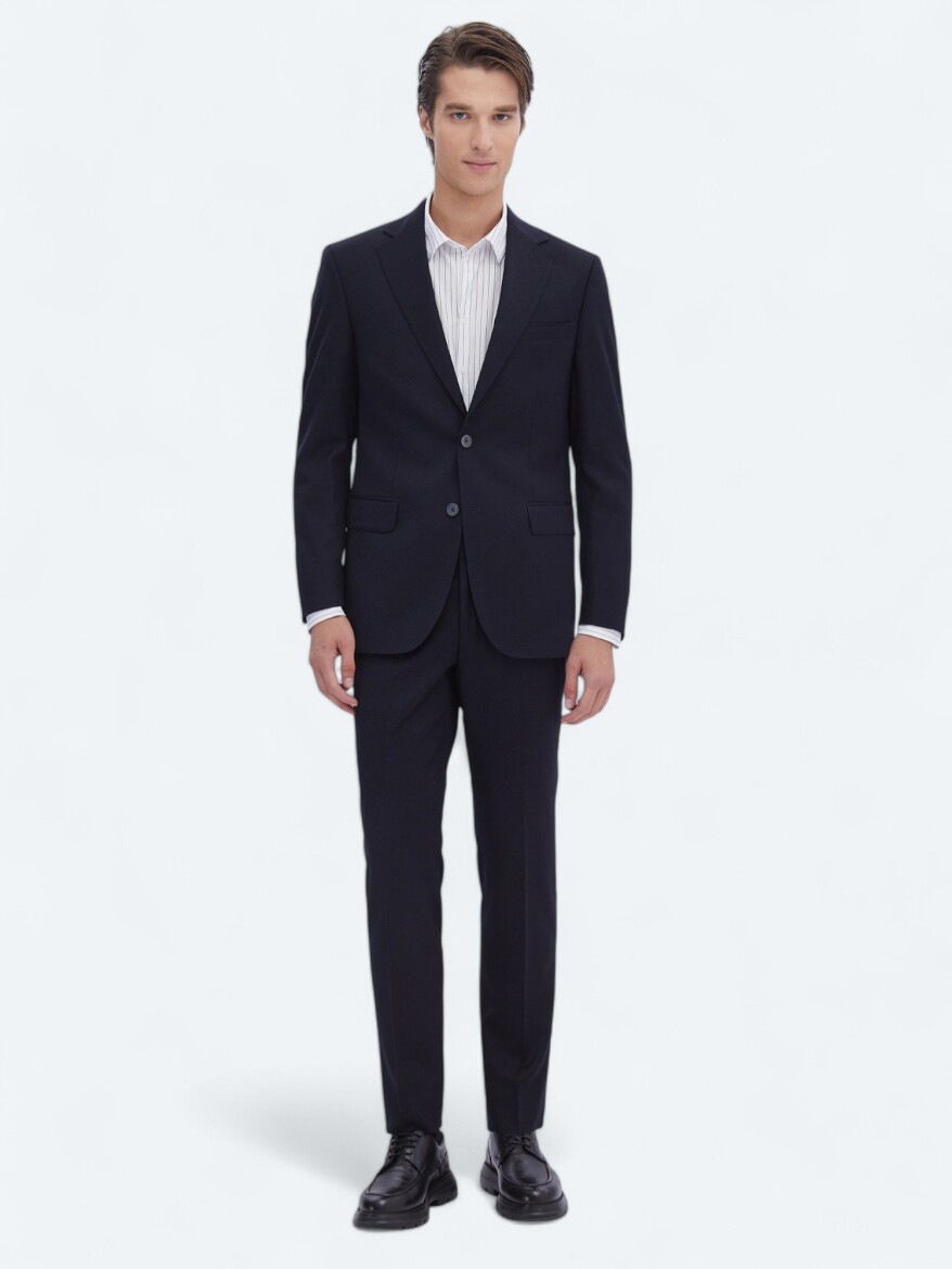 Siyah Düz Modern Fit Yün Karışımlı Takım Elbise - 2