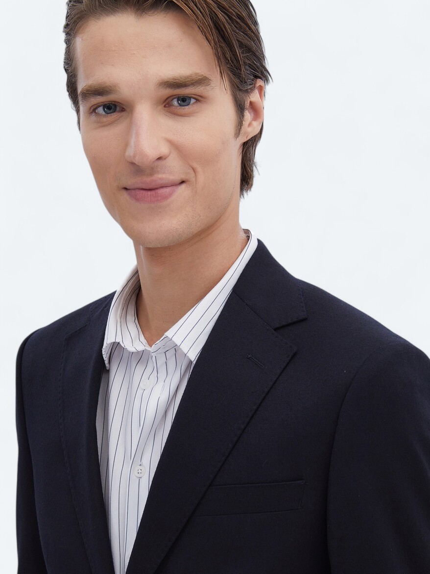 Siyah Düz Modern Fit Yün Karışımlı Takım Elbise - 4