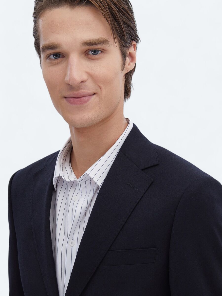 Siyah Düz Modern Fit Yün Karışımlı Takım Elbise - 4