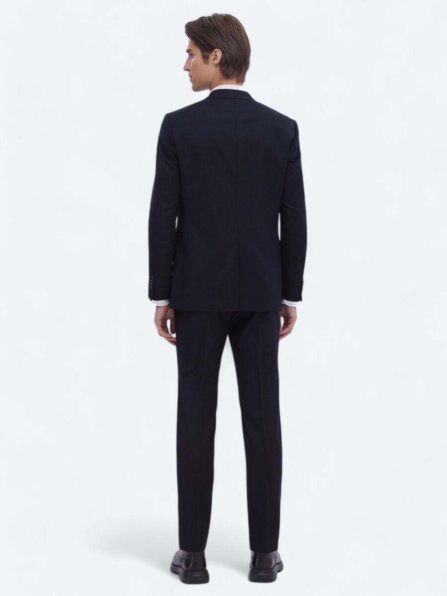 Siyah Düz Modern Fit Yün Karışımlı Takım Elbise - 6