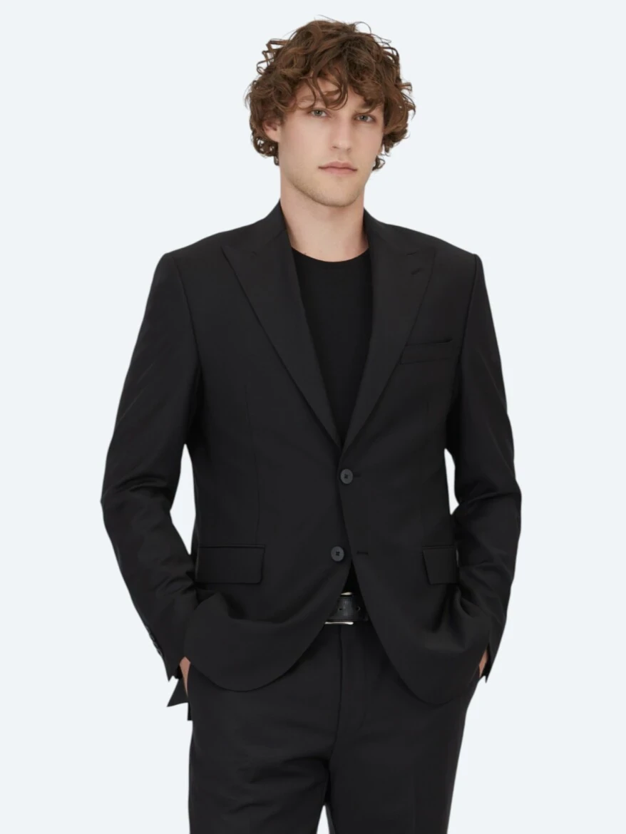 Siyah Düz Modern Fit Yün Karışımlı Takım Elbise - 1