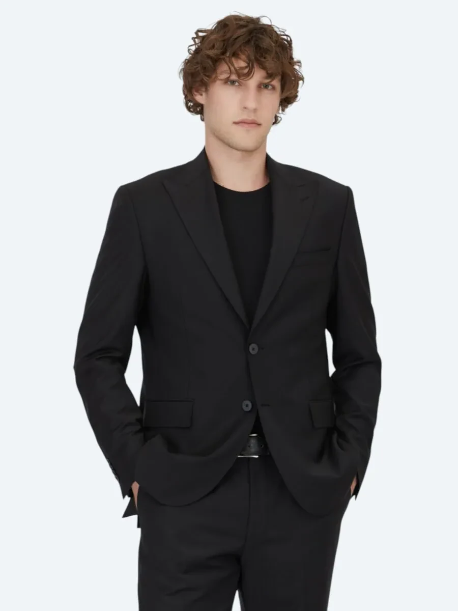 Siyah Düz Modern Fit Yün Karışımlı Takım Elbise - 1