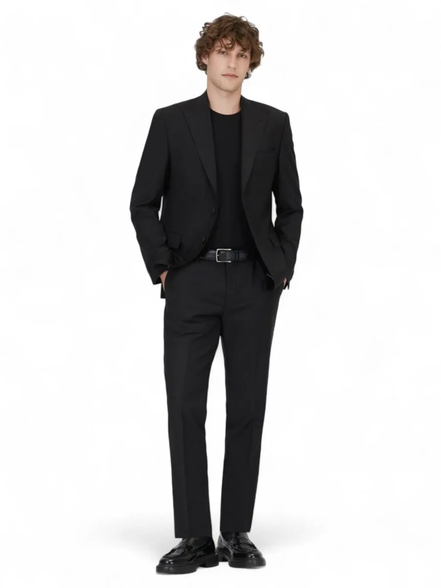 Siyah Düz Modern Fit Yün Karışımlı Takım Elbise - 2