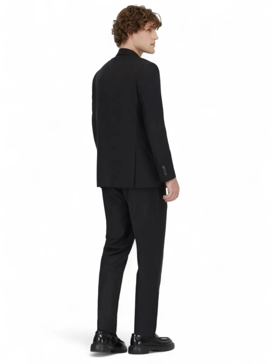 Siyah Düz Modern Fit Yün Karışımlı Takım Elbise - 5