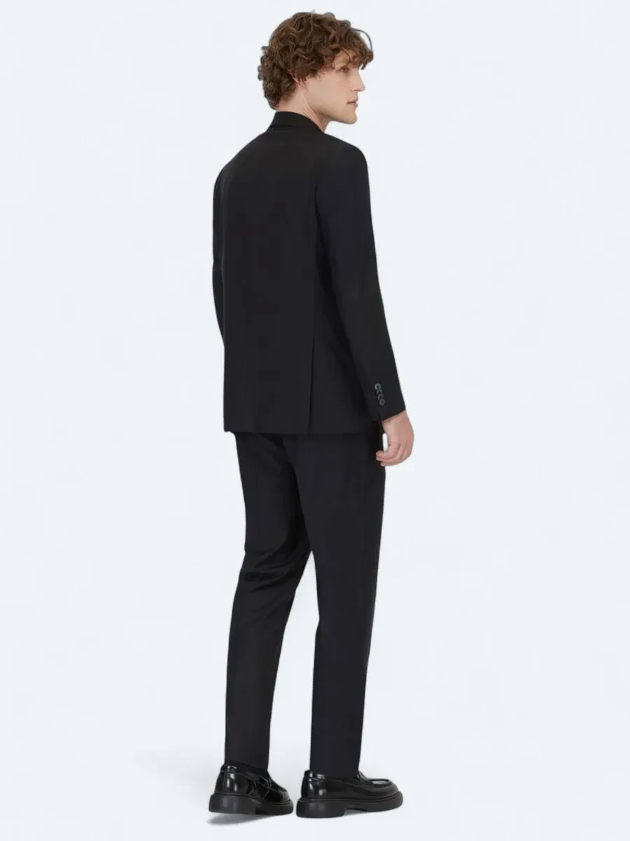 Siyah Düz Modern Fit Yün Karışımlı Takım Elbise - 5