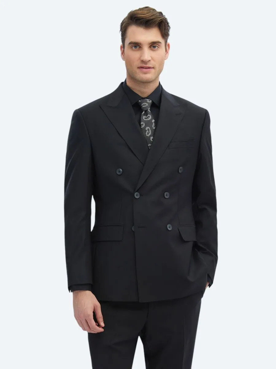 Siyah Düz Modern Fit Yün Karışımlı Takım Elbise - 1