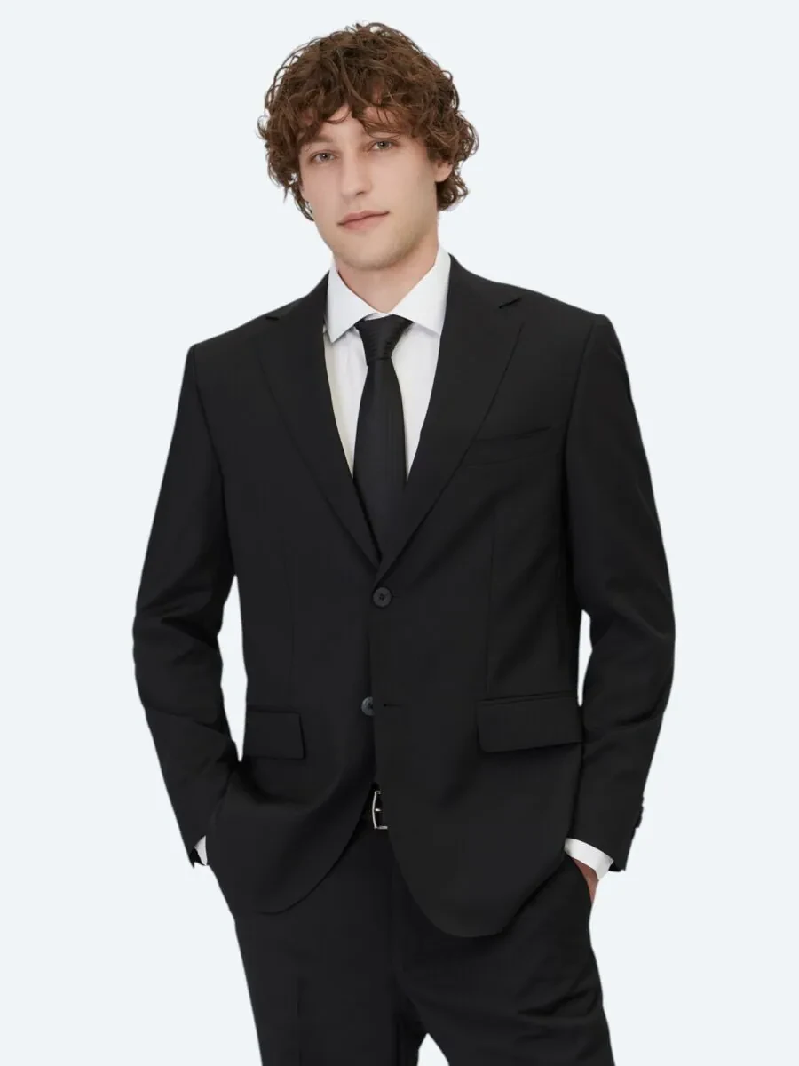 Siyah Düz Modern Fit Yün Karışımlı Takım Elbise - 1