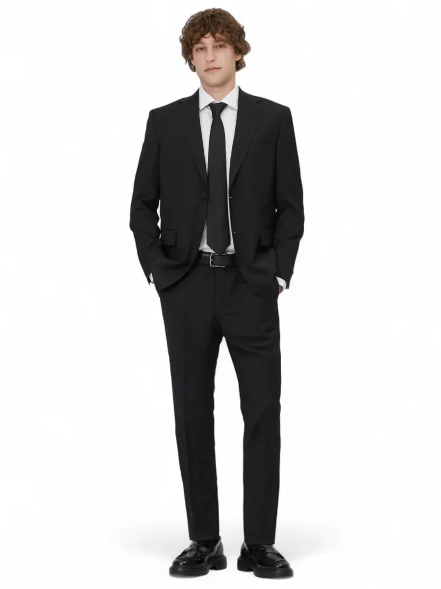 Siyah Düz Modern Fit Yün Karışımlı Takım Elbise - 2