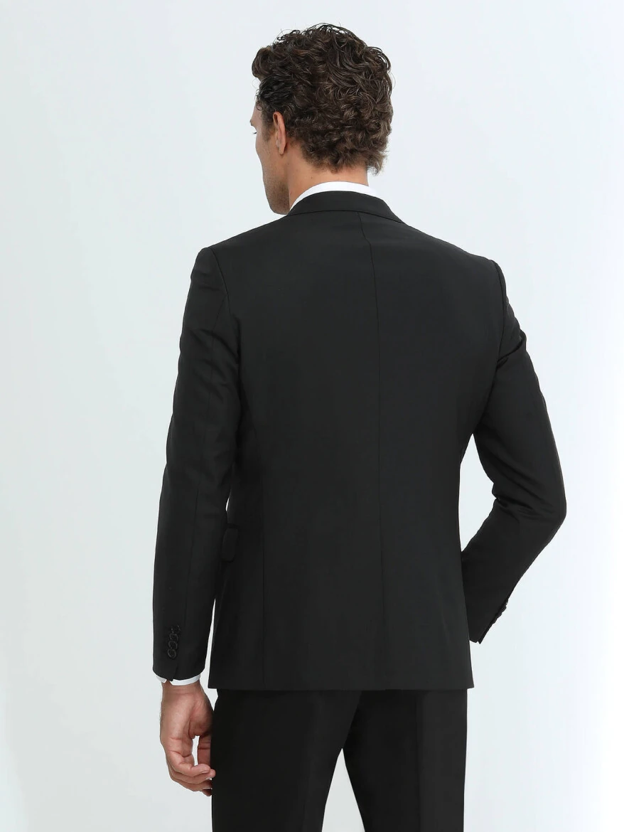Siyah Düz Modern Fit Yün Karışımlı Takım Elbise - 4