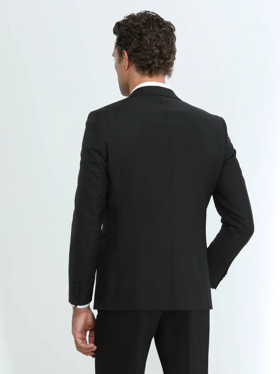 Siyah Düz Modern Fit Yün Karışımlı Takım Elbise - 4