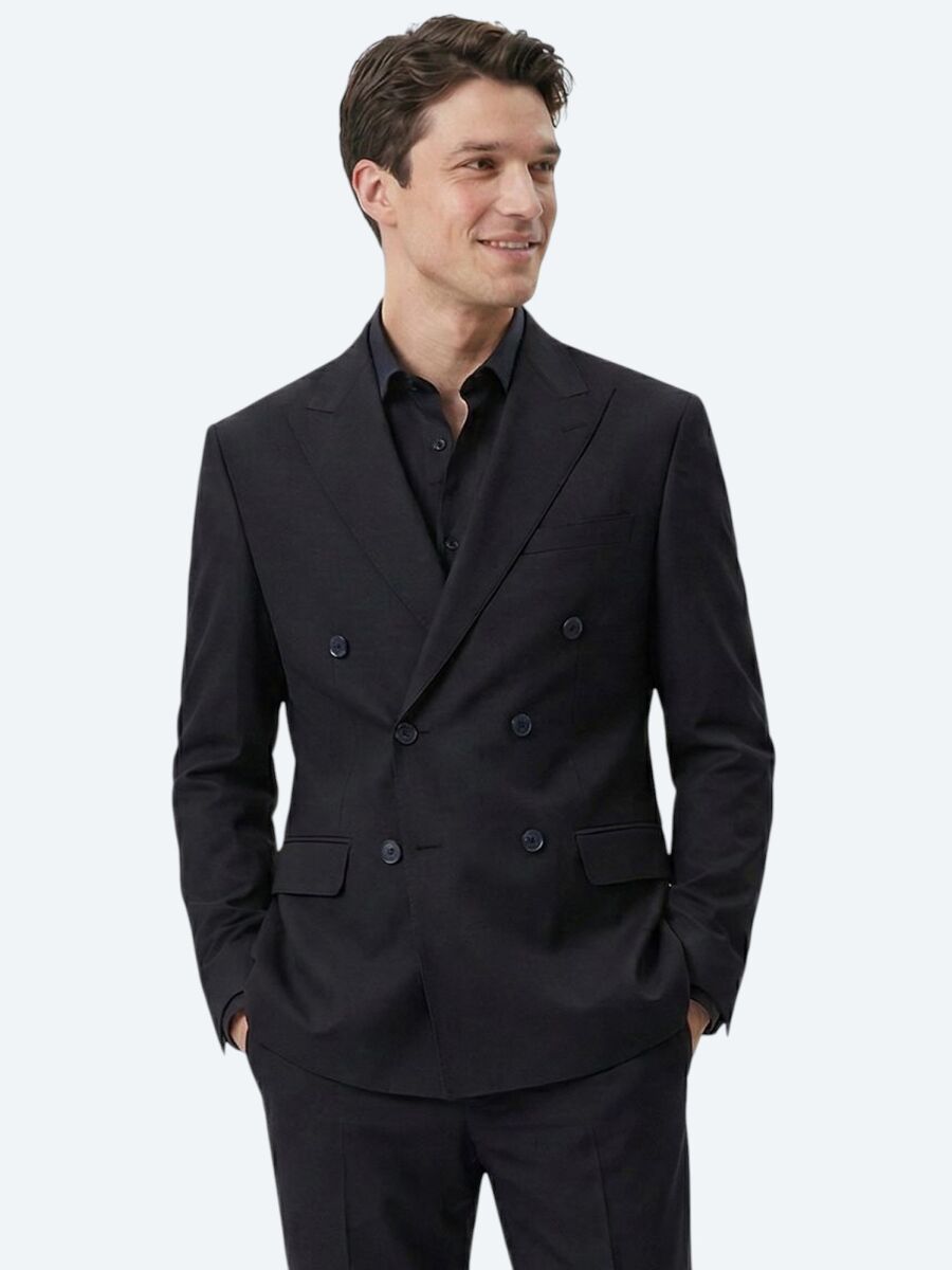 Siyah Düz Modern Fit Yün Karışımlı Takım Elbise - 1