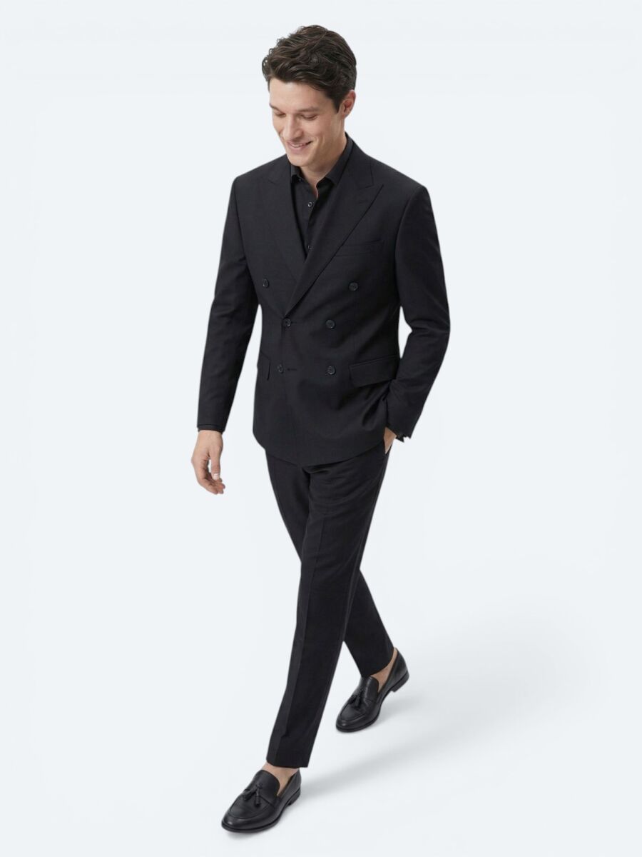 Siyah Düz Modern Fit Yün Karışımlı Takım Elbise - 2
