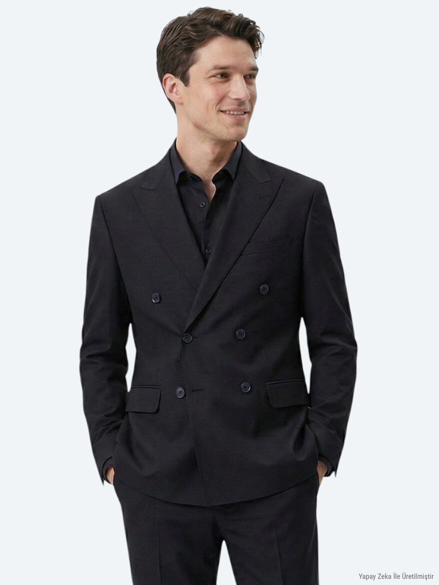 Siyah Düz Modern Fit Yün Karışımlı Takım Elbise - KİP