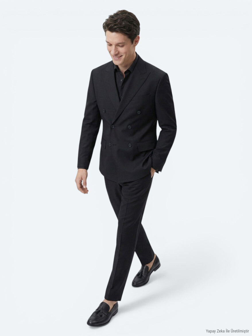 Siyah Düz Modern Fit Yün Karışımlı Takım Elbise - KİP