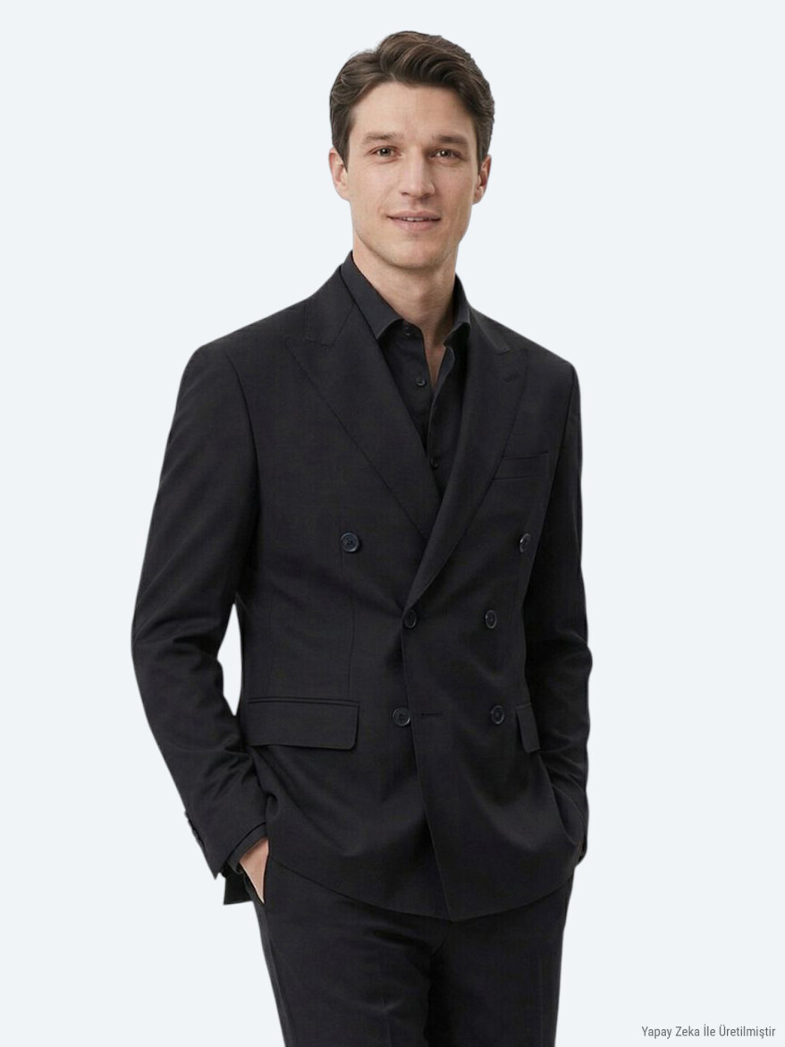 Siyah Düz Modern Fit Yün Karışımlı Takım Elbise - 3