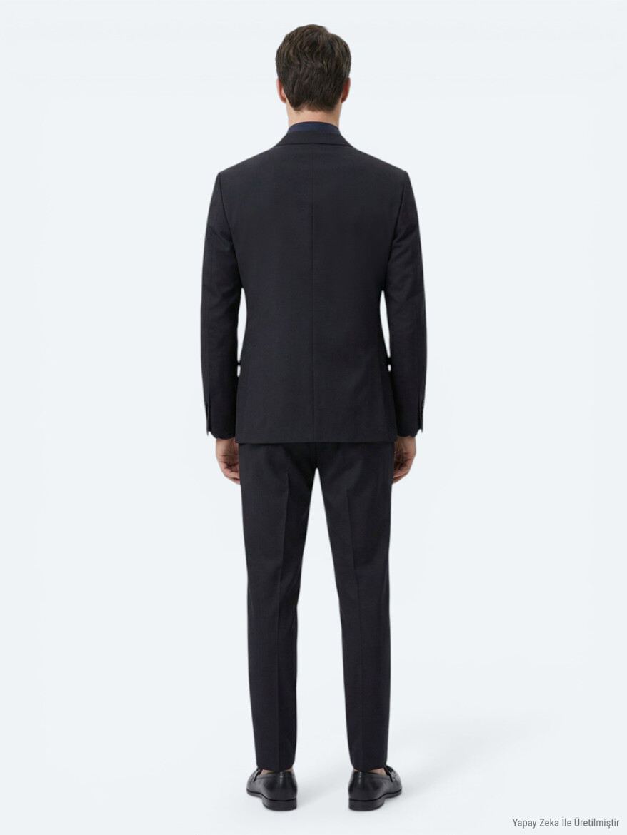 Siyah Düz Modern Fit Yün Karışımlı Takım Elbise - 5