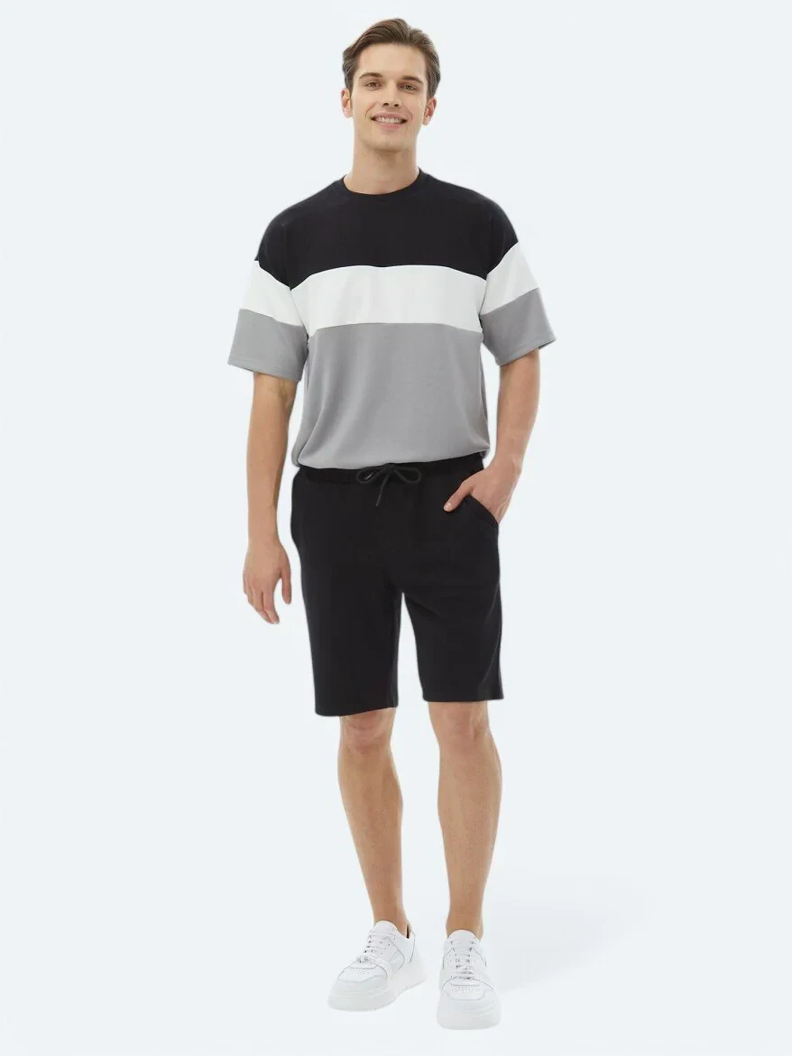 Siyah Düz Örme Jogging Fit Casual Bermuda - 1
