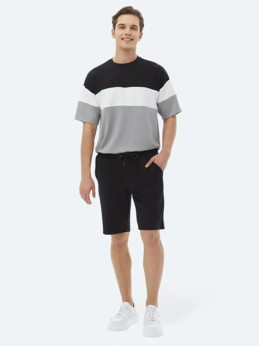Siyah Düz Örme Jogging Fit Casual Bermuda - 1