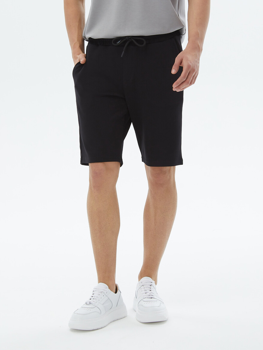 Siyah Düz Örme Jogging Fit Casual Bermuda - 2