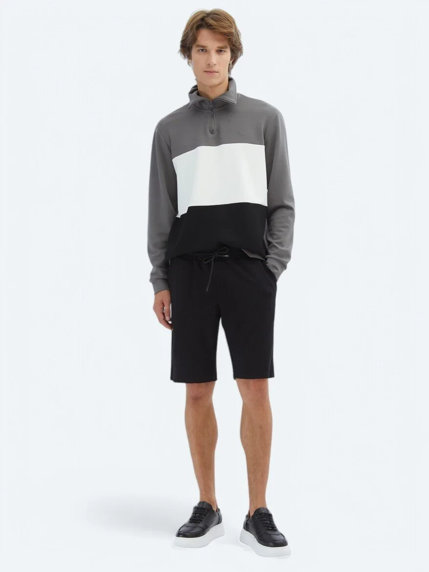 Siyah Düz Örme Jogging Fit Spor Bermuda - 1